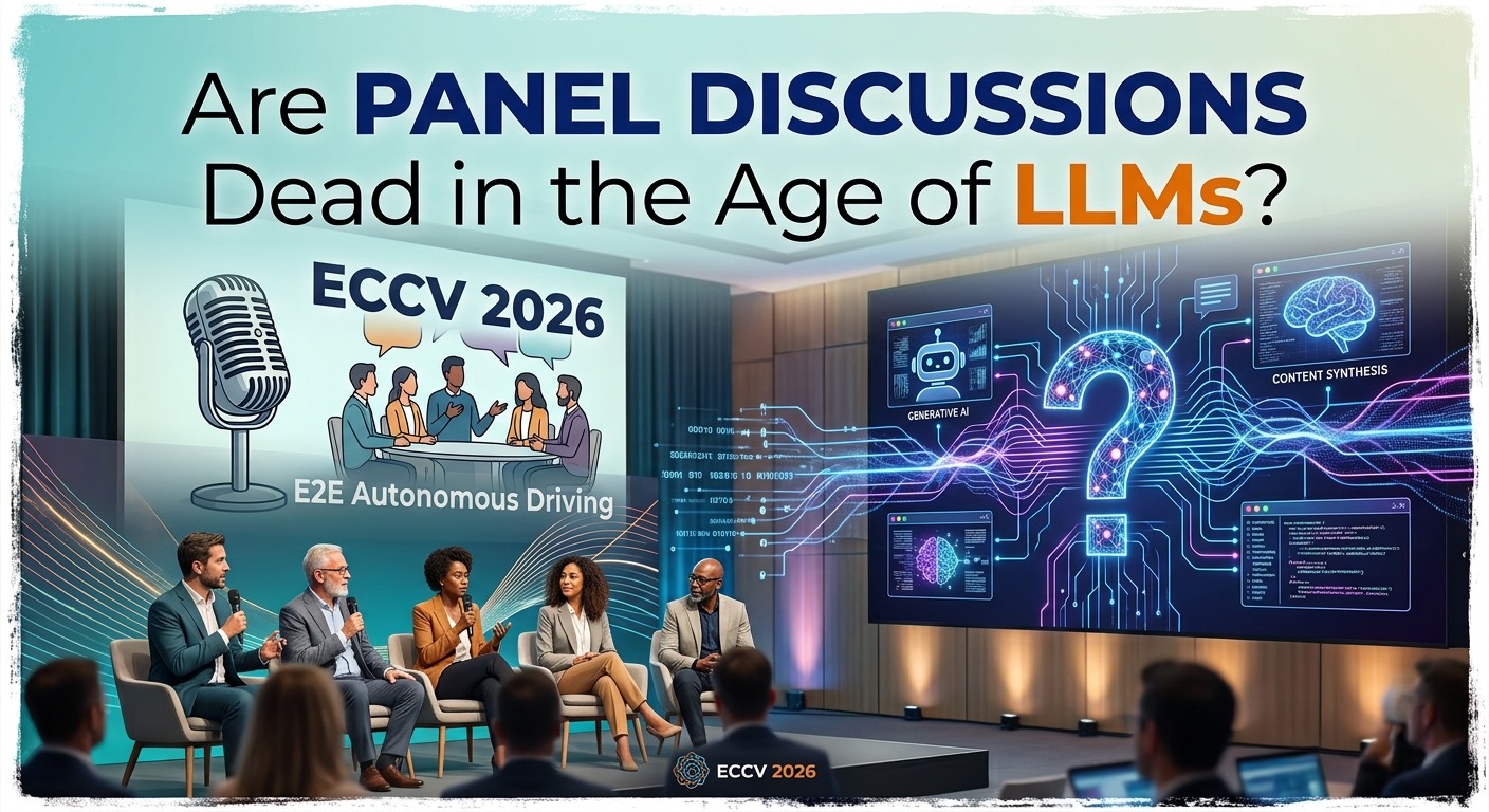 Illustration of a five-person panel on stage at ECCV 2026 speaking into microphones, beside a large screen of AI graphics centred on a glowing question mark, under the headline Are Panel Discussions Dead in the Age of LLMs